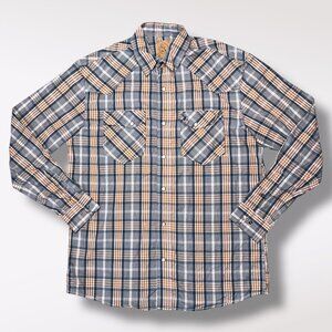 Men’s Western Plaid Snap Button Shirt Blue Orange Medium